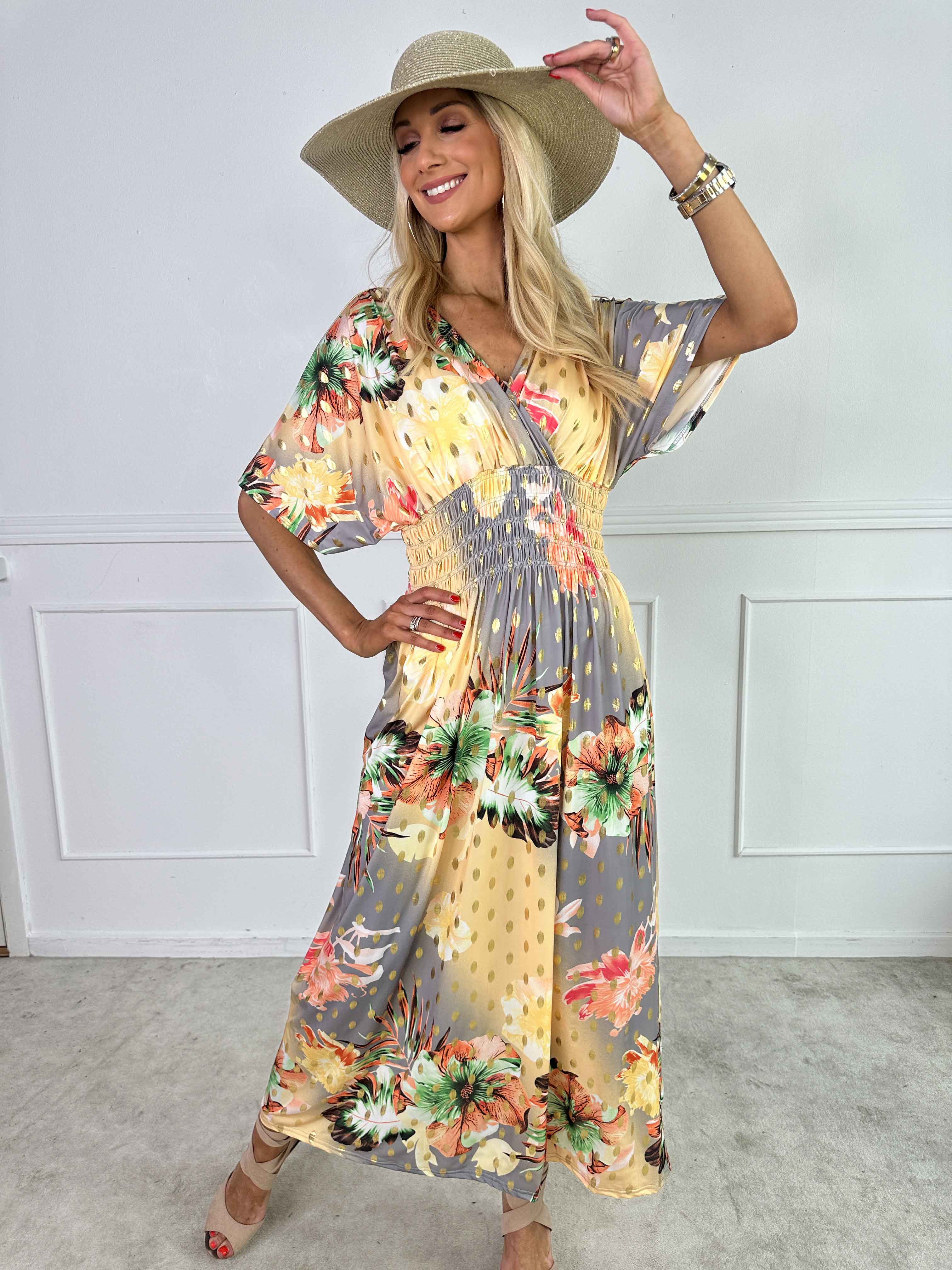 Pams Hawaii - Lång klänning i stretchtyg med blommönster